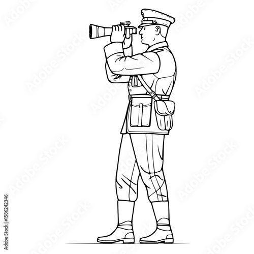 Military officer surveying, focused expression, using binoculars, standing in uniform, sketch style, copy space