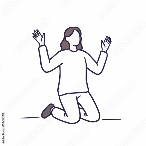Person kneeling with hands raised in a gesture of prayer  