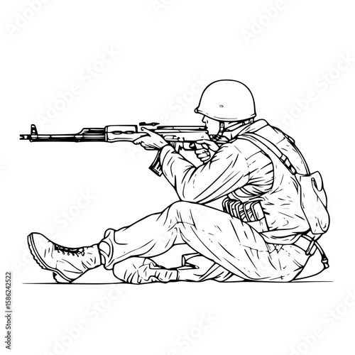 Sitting soldier in defensive position, focused demeanor, aiming rifle with tactical gear, sketch style, copy space