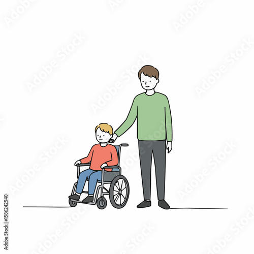 Caregiver standing beside a disabled child in wheelchair, smiling  