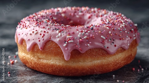   A black surface with a pink icing donut and white and pink sprinkles