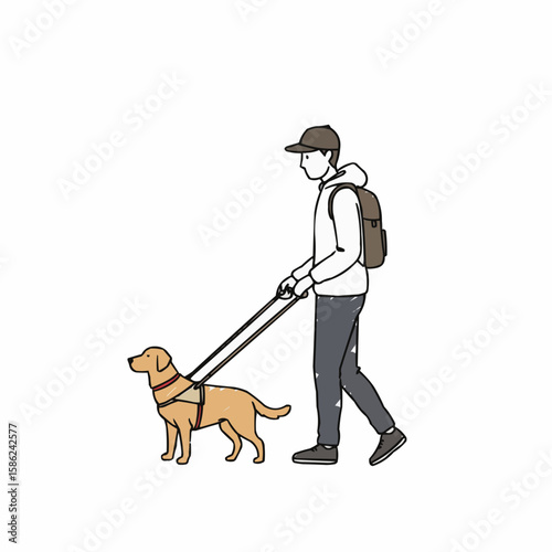 Person walking a guide dog on white background  