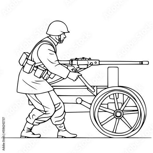 Soldier operating field gun, focused demeanor, maneuvering artillery, sketch style, copy space