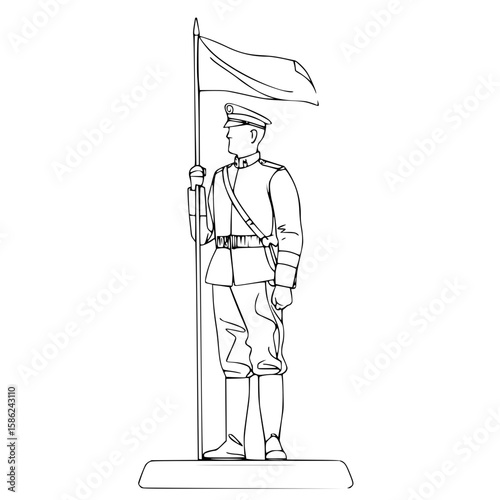Military guard holding flag, formal stance, standing at attention, minimalist sketch style, copy space