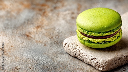   Green Macaroon on Rock Cement Surface - Bite Taken