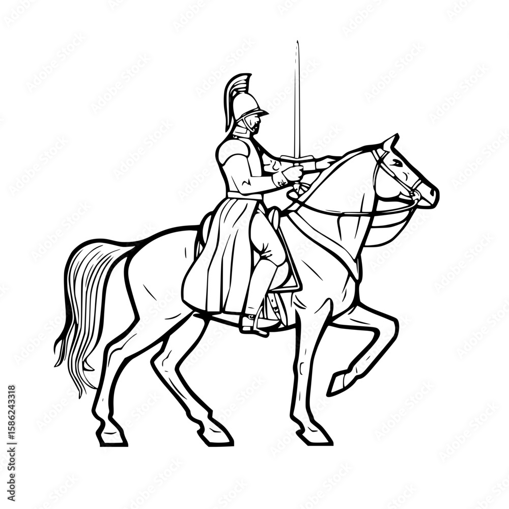 Fototapeta premium Mounted knight in commanding stance, holding lance, sketch style, copy space