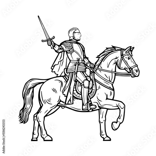 Knight on horseback, triumphant pose, holding sword, detailed sketch style, copy space