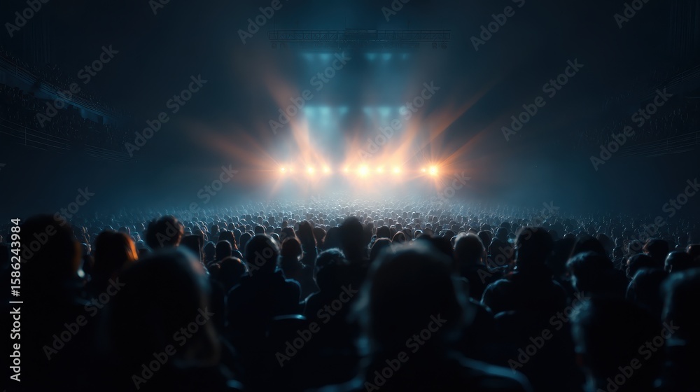 Fototapeta premium Large Audience Watching Bright Stage Show in Dark Concert Hall
