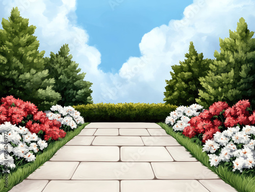 beautiful garden pathway lined with vibrant flowers and lush greenery leads to bright blue sky. scene evokes sense of peace and natural beauty