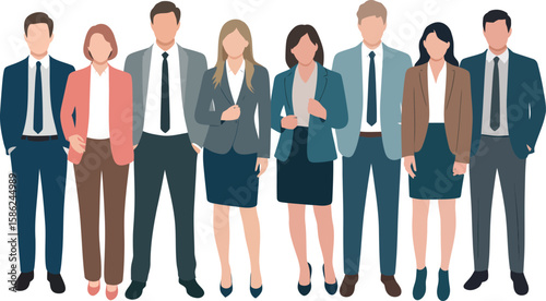 Set of young men and women, different colors, cartoon character, group of silhouettes of standing business people, design concept of flat icon on white background