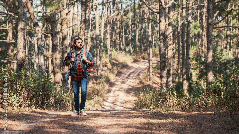 Obraz premium A couple is hiking along a forest trail on a beautiful day, enjoying nature and their outdoor adventure perfect for themes of travel, hiking, and togetherness.