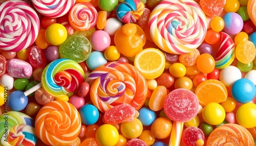 Colorful candy overload.  A vibrant mix of lollipops, hard candies, and gummies