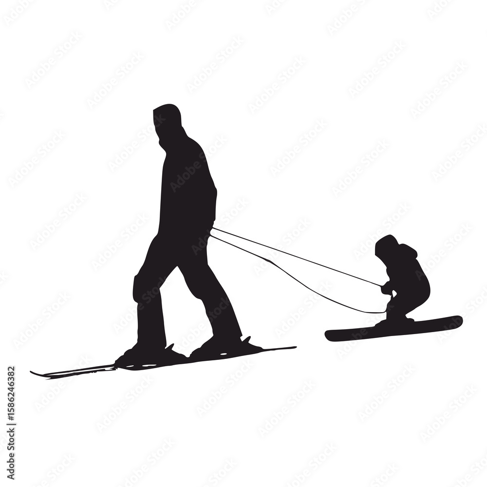 Fototapeta premium Inclusive Father Child Winter Snowboard Sit Ski Silhouette Vector 