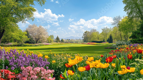 vibrant spring view of lush green golf course surrounded by colorful blooming flowers, including tulips and other blossoms, under bright blue sky