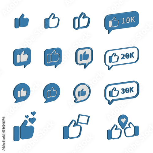 3D social media like and reaction icons set. Includes thumb-up, speech bubbles with K numbers, and heart reactions. Ideal for digital marketing, web, and app design.