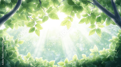 lush forest canopy with vibrant green leaves filtering sunlight, creating peaceful . beams of light shine through, illuminating surroundings