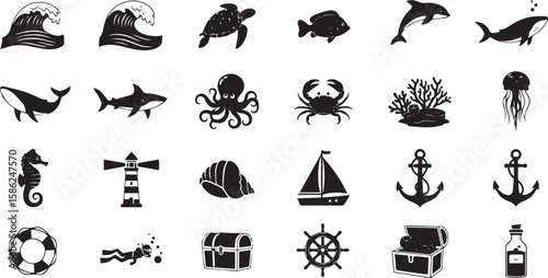 Collection of black and white nautical and marine life icons on a white background