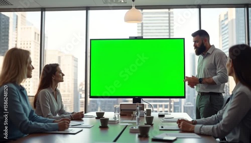 A large green screen features prominently in a modern boardroom during a professional presentation by a speaker to engaged attendees.