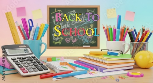 Back to School is depicted with colorful school supplies, including pencils, notebooks, a calculator, and a chalkboard, creating a vibrant and educational scene.