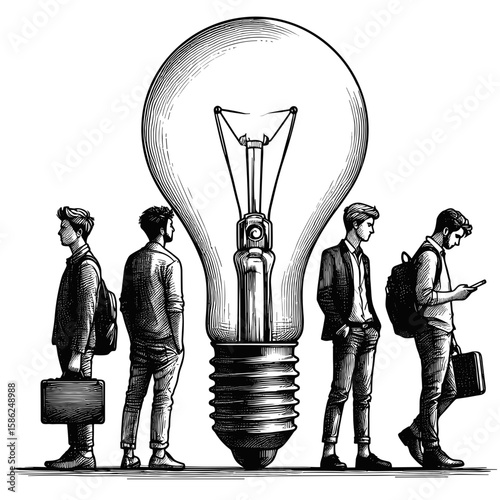 Four men contemplating ideas against lightbulb background