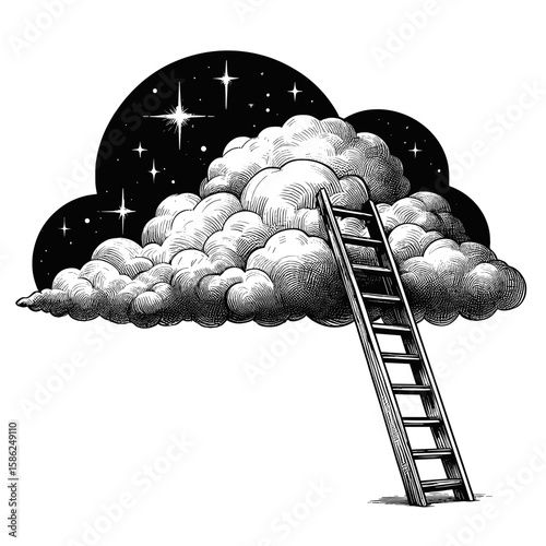 Cloud illustration in vintage style in black and white representing aspirations