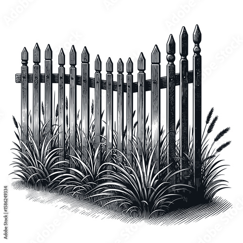 Wooden fence in sketch style in black and white for property boundary