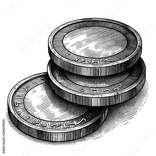 Coin stack in sketch style in black and white representing wealth