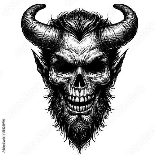 Skull with horns and beard illustrated in black and white