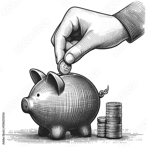 Hand putting coin in piggy bank black and white illustration savings