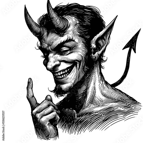 Devilish figure laughing while pointing against transparent background