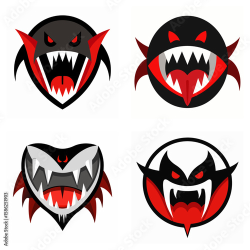 Four cartoon vampire faces with sharp teeth and red eyes monster illustration