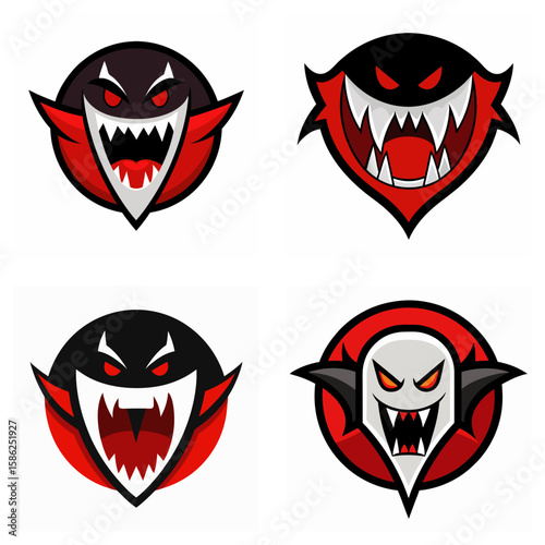 Four cartoon vampire monster logos with sharp teeth and red eyes vector