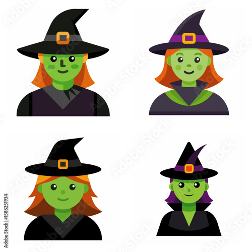 Four cartoon witches with green faces and pointy hats halloween
