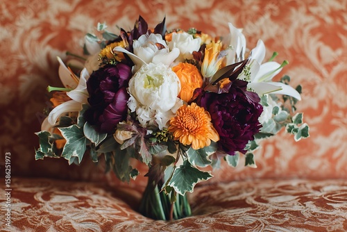 A bouquet full of character, featuring dark purple peonies, white lilies, and orange marigolds, mixed with delicate ivy and soft green eucalyptus.