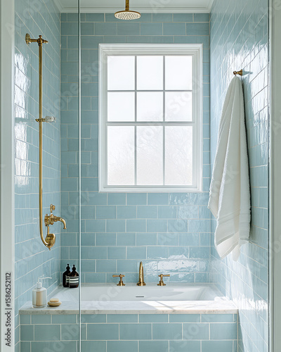 modern bathroom featuring light blue tiles, freestanding bathtub, and elegant gold fixtures. large window allows natural light to brighten space, creating refreshing
