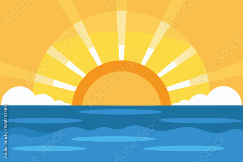 Serene sunrise over calm ocean waters, depicted in a stylized, minimalist illustration.