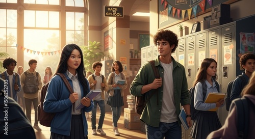 Students walk through a school hallway, carrying books and backpacks, ready for classes and learning in a bright, welcoming academic environment with lockers.