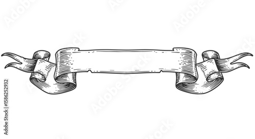 Ruban décoratif vintage – Illustration de bannière en ruban dessinée à la main en noir et blanc, PNG vectoriel et évolutif

