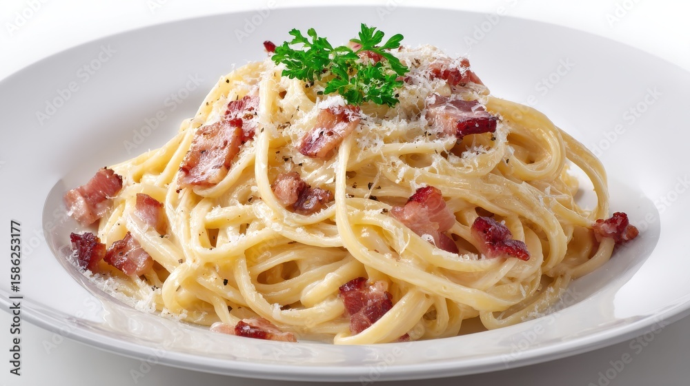 Creamy carbonara pasta dish with bacon and parmesan cheese on a white plate. Creamy carbonara pasta dish with bacon and parmesan cheese on a white plate.