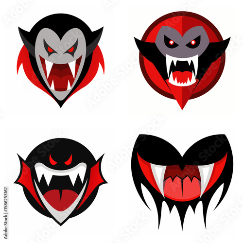 Four stylized vampire faces with fangs and red eyes monster horror