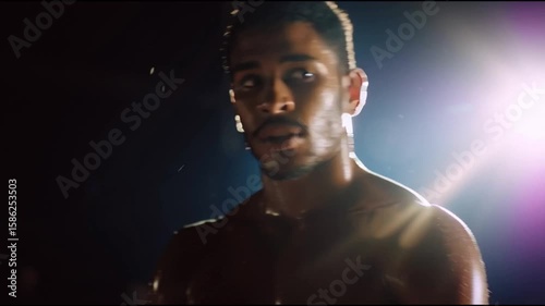 Focus and Determination: A close-up portrait of a determined individual, his gaze intensely fixed on the challenges ahead. The backdrop is a dramatic interplay of light and shadow