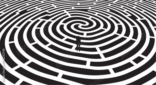 Vector art of silhouette of a person standing in the center of a complex circular maze isolated on transparent background