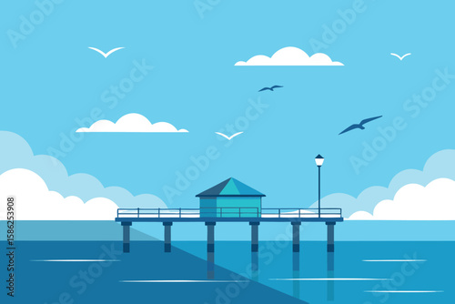 A serene illustration of a pier extending into the ocean under a cloudy sky.