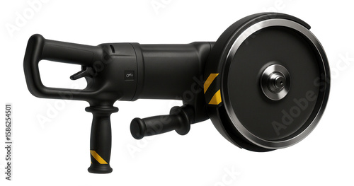 External grinder with a large diameter wheel and reinforced frame for heavy material removal in a shipbuilding yard