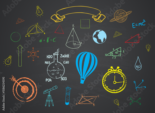 colorful chalk hand drawn educational doodles set with banner