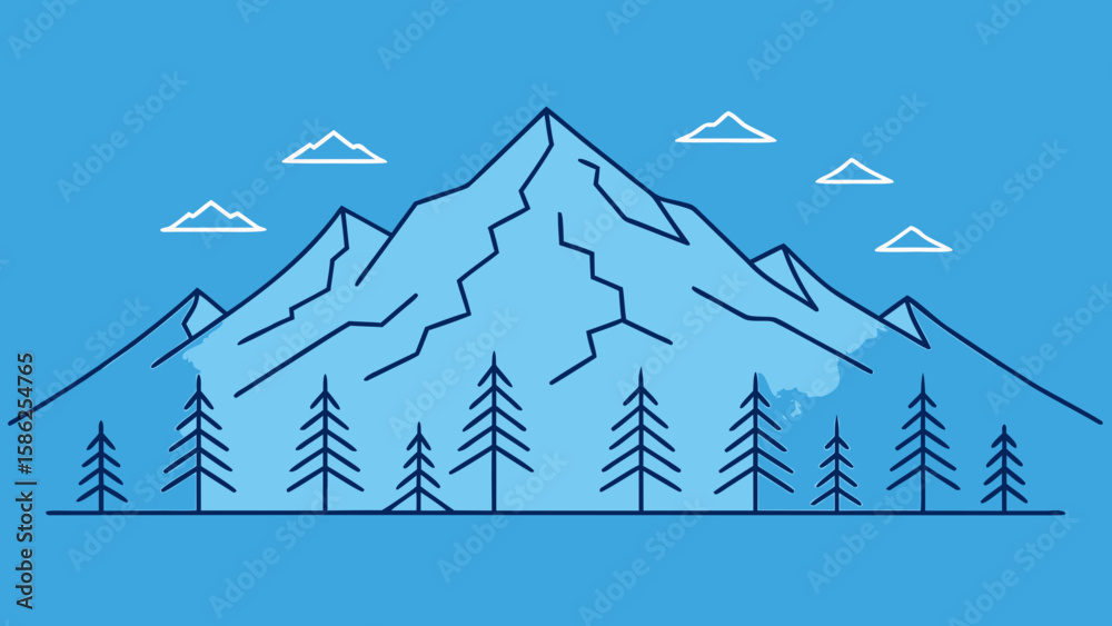 Fototapeta premium Blue Line Drawing Snowcapped Mountain Pine Trees vector