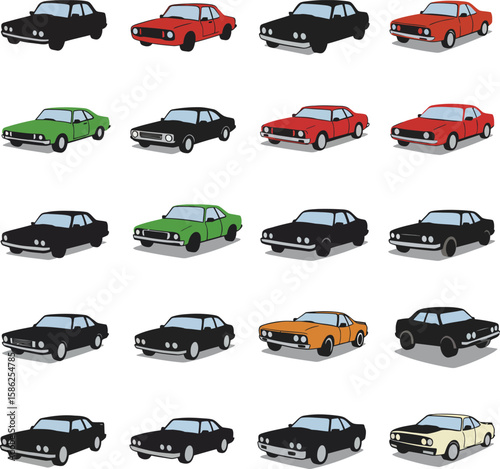Coupe Car Vector Illustration Set: Diverse collection of classic and modern coupe vehicles in various colors, ideal for automotive, transportation, vintage, and design-related projects.