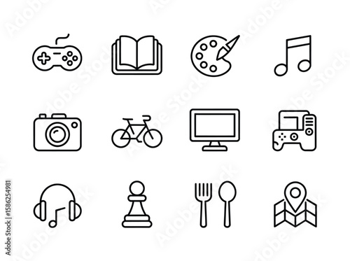 Diverse Range of Popular Hobbies and Activities Including Gaming, Reading, Music, and Art, Designed for Clean and Modern Digital or Print Use 

