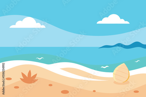 A serene beach scene with ocean waves, clouds, and a wooden object.