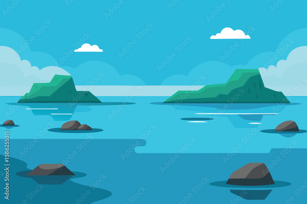 Fototapeta premium Minimalist Ocean View with Islands and Rocks for Calm Aesthetic Backgrounds, Perfect for Tranquil Designs